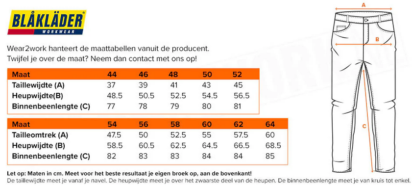 Maattabel voor Blaklader korte werkbroek 1987 4-wayStretch